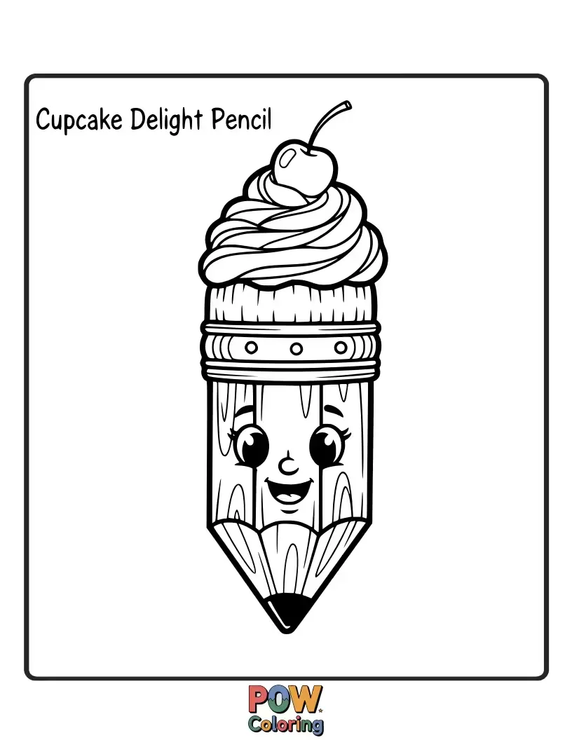 Free coloring page of A sweet pencil topped with a frosting swirl and cherry, making art a delightful treat for your eyes.