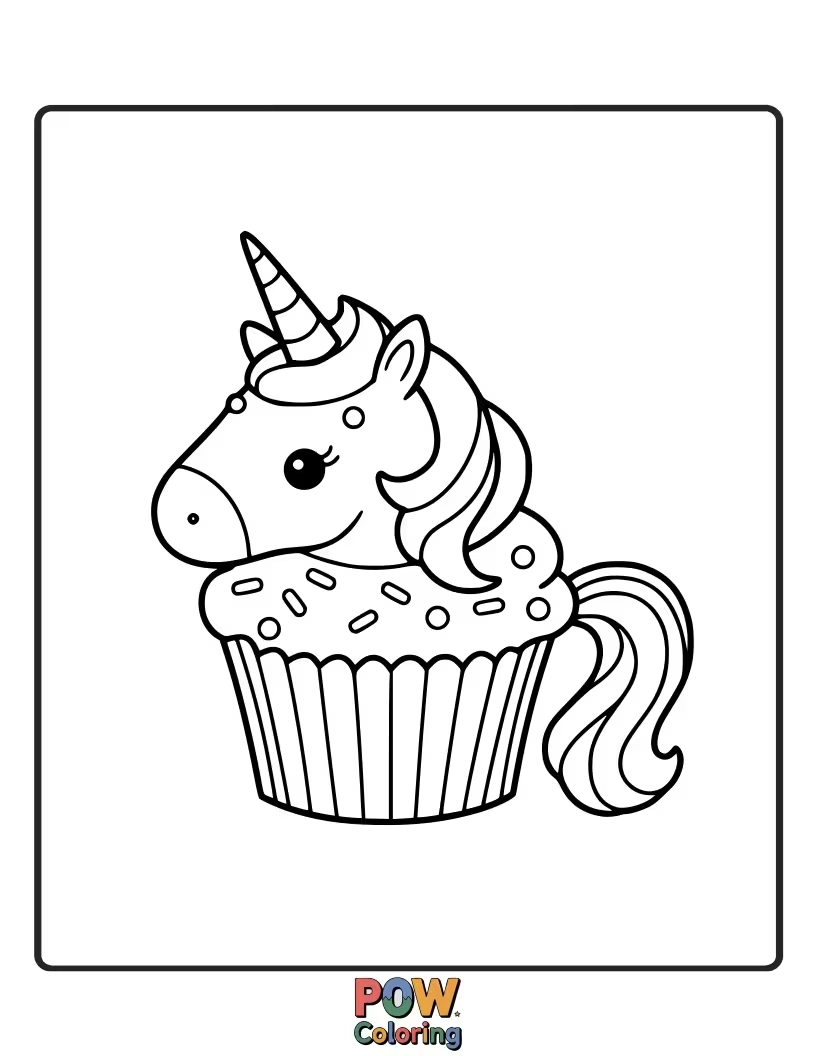 Free coloring page of Sweet unicorn surrounded by colorful cupcakes, with sprinkles and frosting.