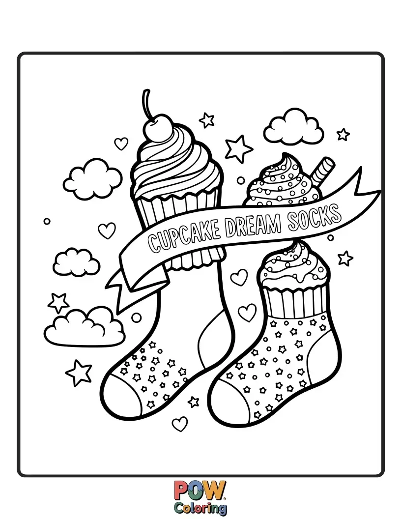 Free coloring page of Sweeten your coloring time with these delightful socks, decorated with frosting, sprinkles, and cherry toppings.