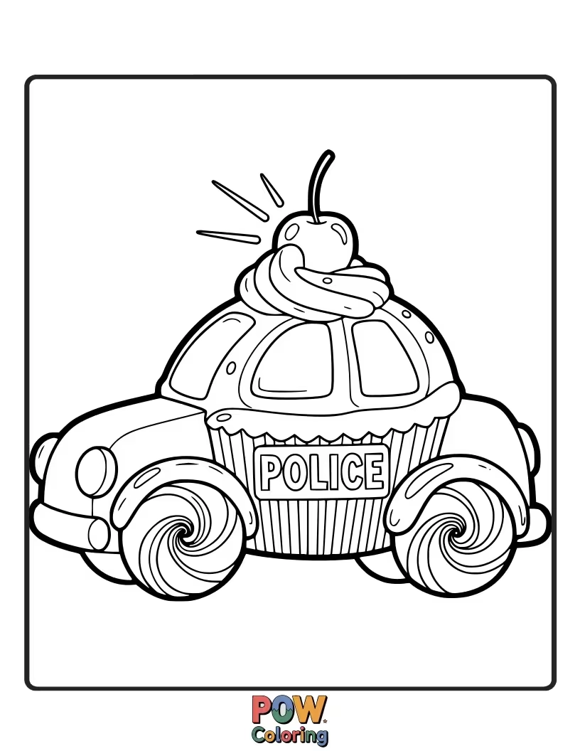 Free coloring page of Cupcake police car, sweet patrol car with frosting wheels and a cherry siren, serving up justice and sugary delights.