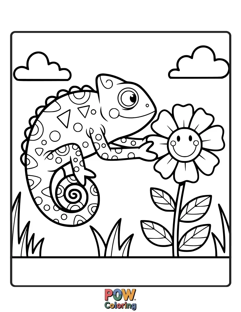 Free coloring page of A curious chameleon delicately picking a vibrant, oversized flower with its long tongue.