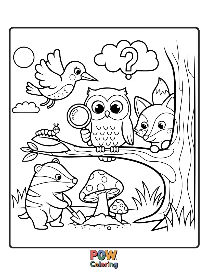 Free coloring page of Dogs interacting with tiny, whimsical forest creatures like fireflies, ladybugs, and curious mushrooms in a magical woodland setting.