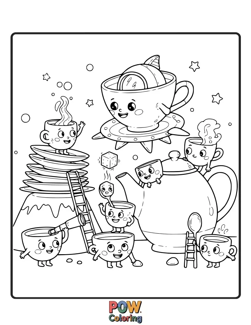 Free coloring page of Little cups peeking out from behind objects, discovering new and exciting things in their surroundings.