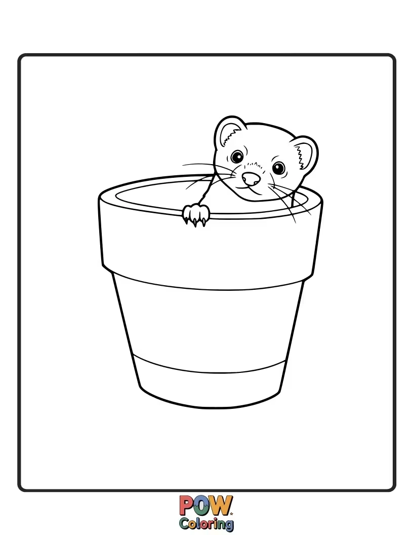 Free coloring page of An inquisitive ferret with wide eyes peeking out from behind a stack of colorful blocks.
