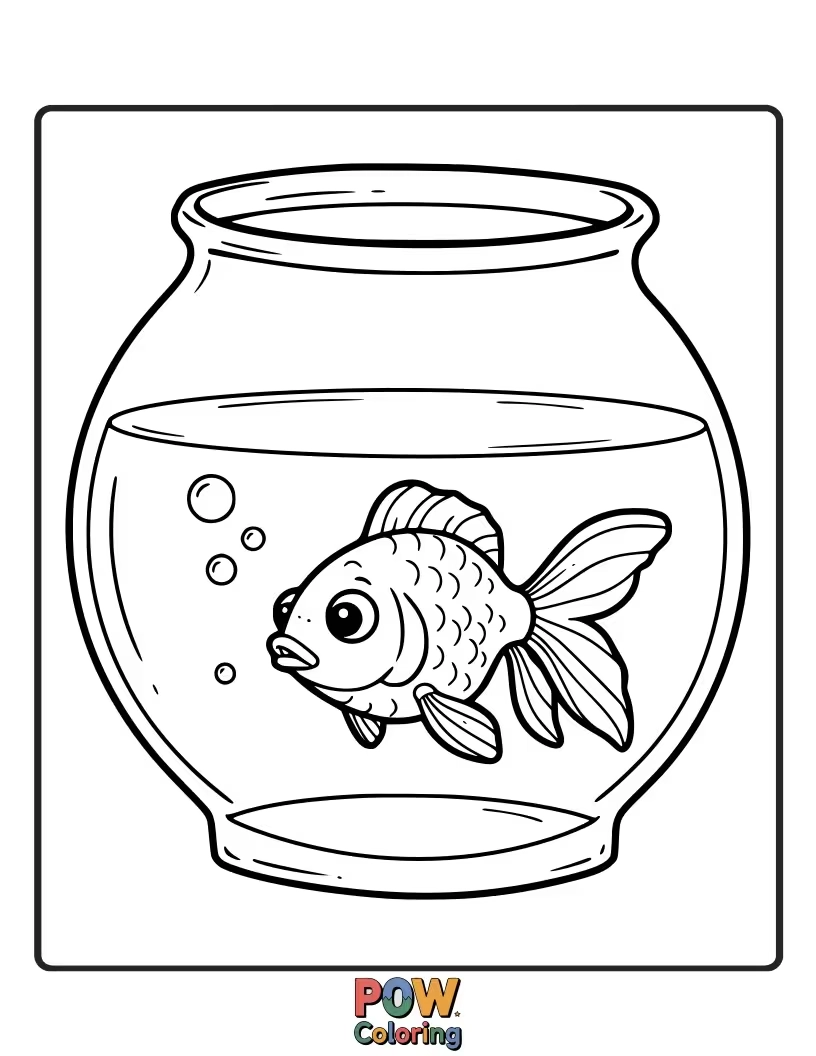 Free coloring page of A cute goldfish peeking out from its bowl, surrounded by simple bubbles for an easy and engaging coloring experience.
