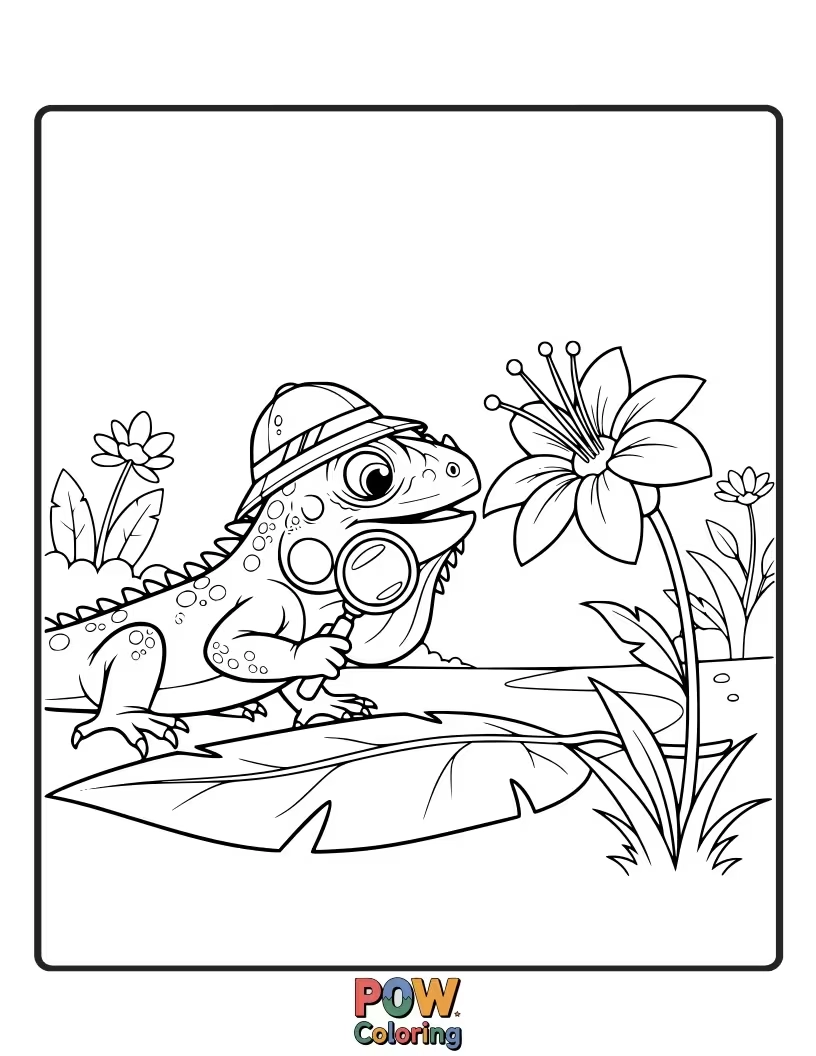 Free coloring page of A curious iguana peeking from behind a giant mushroom, ready to discover a magical forest.