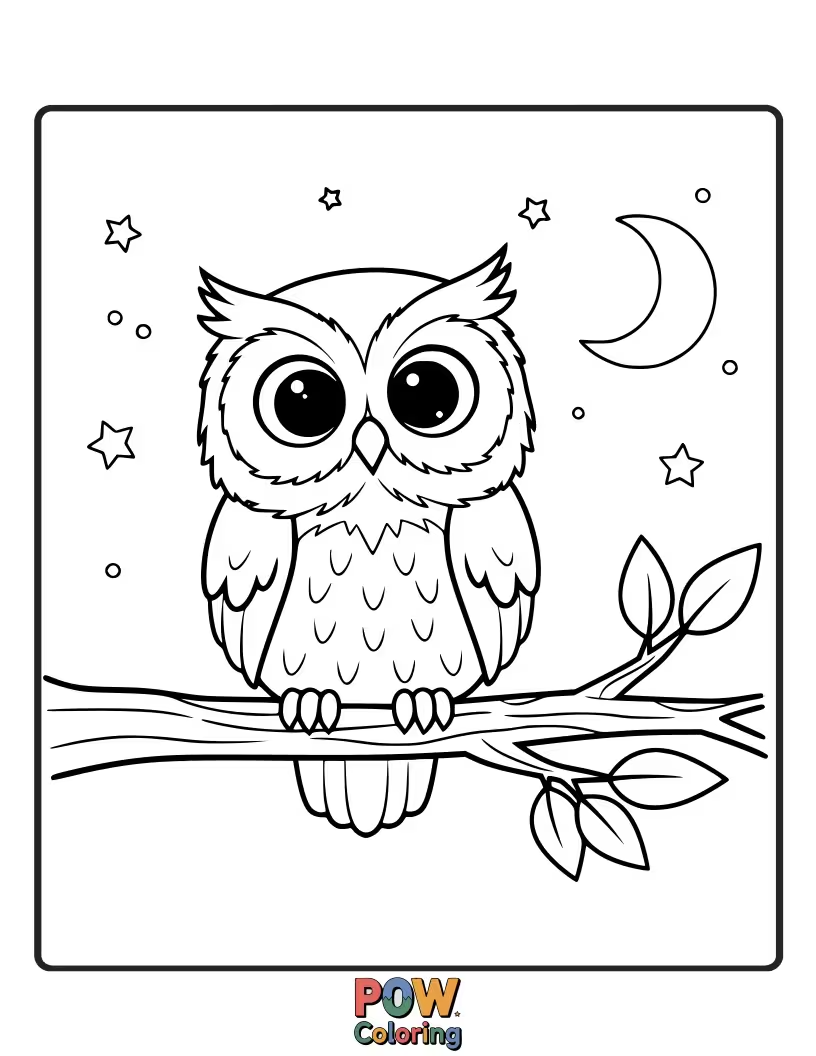 Free coloring page of A big-eyed, curious baby owl perched on a branch, looking at something intriguing.