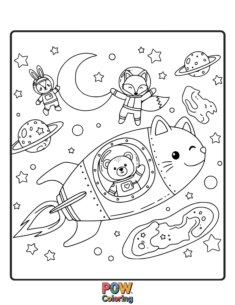 Free coloring page of Cute animals in space suits exploring a vibrant planet with friendly, bubbly alien creatures.