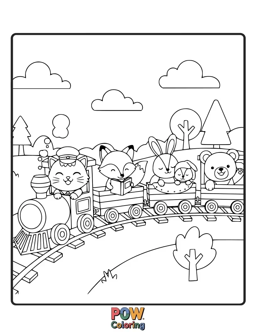 Free coloring page of A whimsical train carrying cute animals on a journey through colorful landscapes and happy towns.