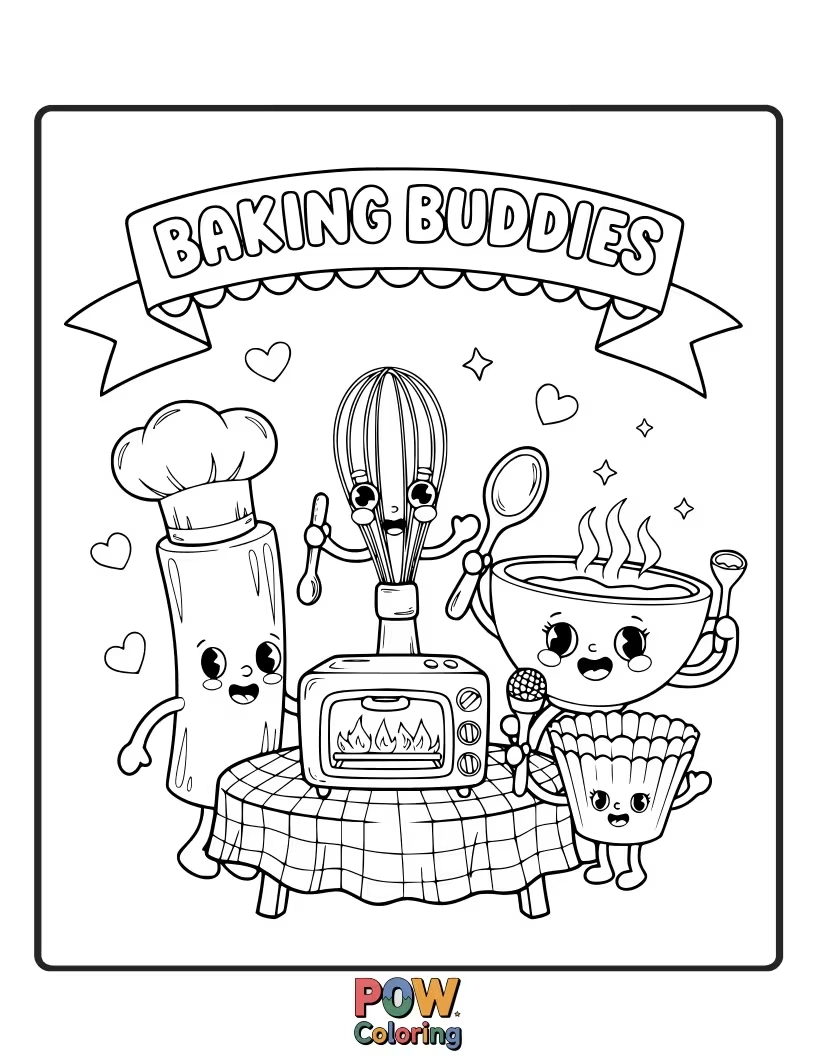 Free coloring page of Adorable animals in aprons happily baking cookies and cakes, covered in a dusting of flour.