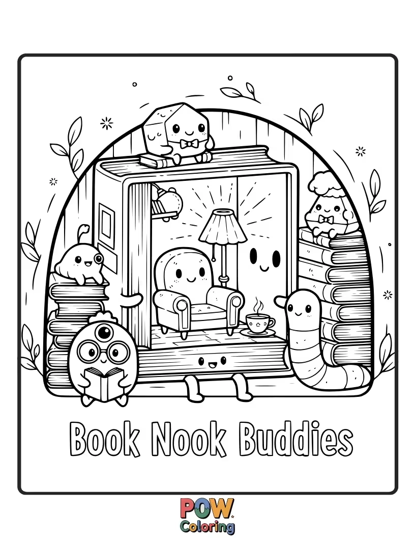 Free coloring page of Cozy reading corner with stacks of books, a friendly cat curled up, and a steaming mug of cocoa.