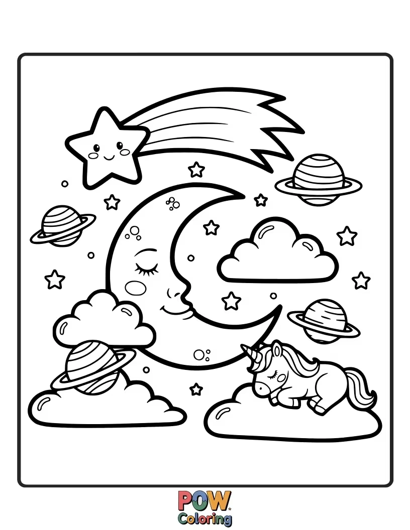 Free coloring page of Dreamy celestial bodies like smiling moons, stars with faces, and swirling galaxies to color.