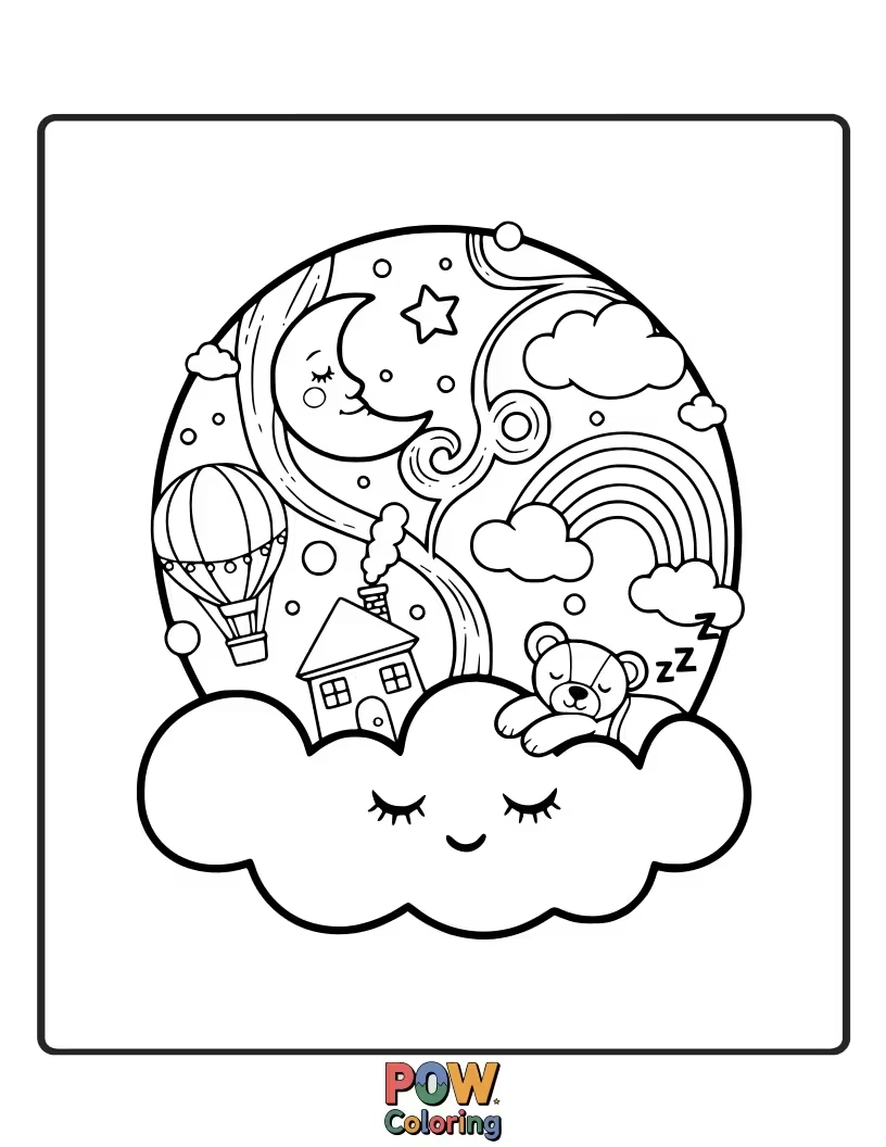 Free coloring page of Fluffy clouds shaped like animals, floating in a starry sky. Perfect for a whimsical and dreamy coloring experience.