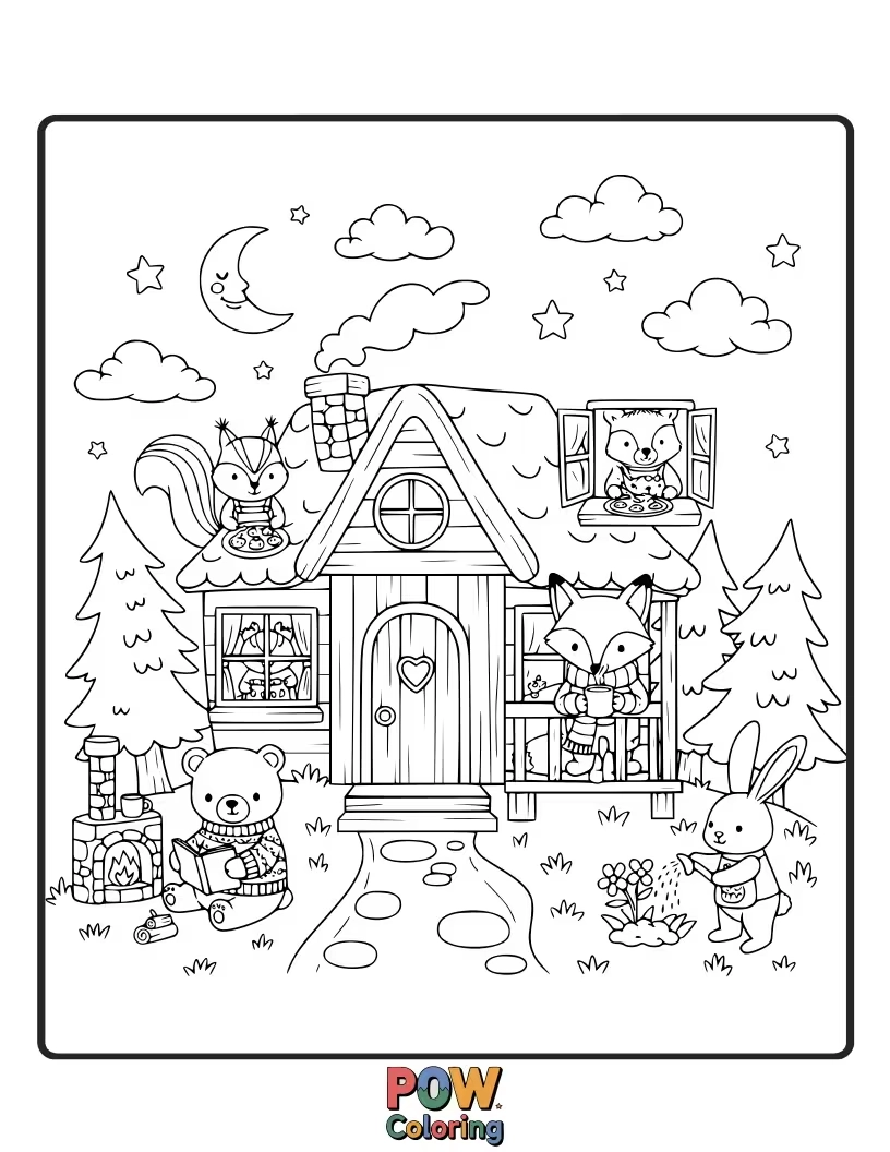 Free coloring page of Cute animals gathered around a fireplace in a rustic cabin, sharing stories and hot cocoa.