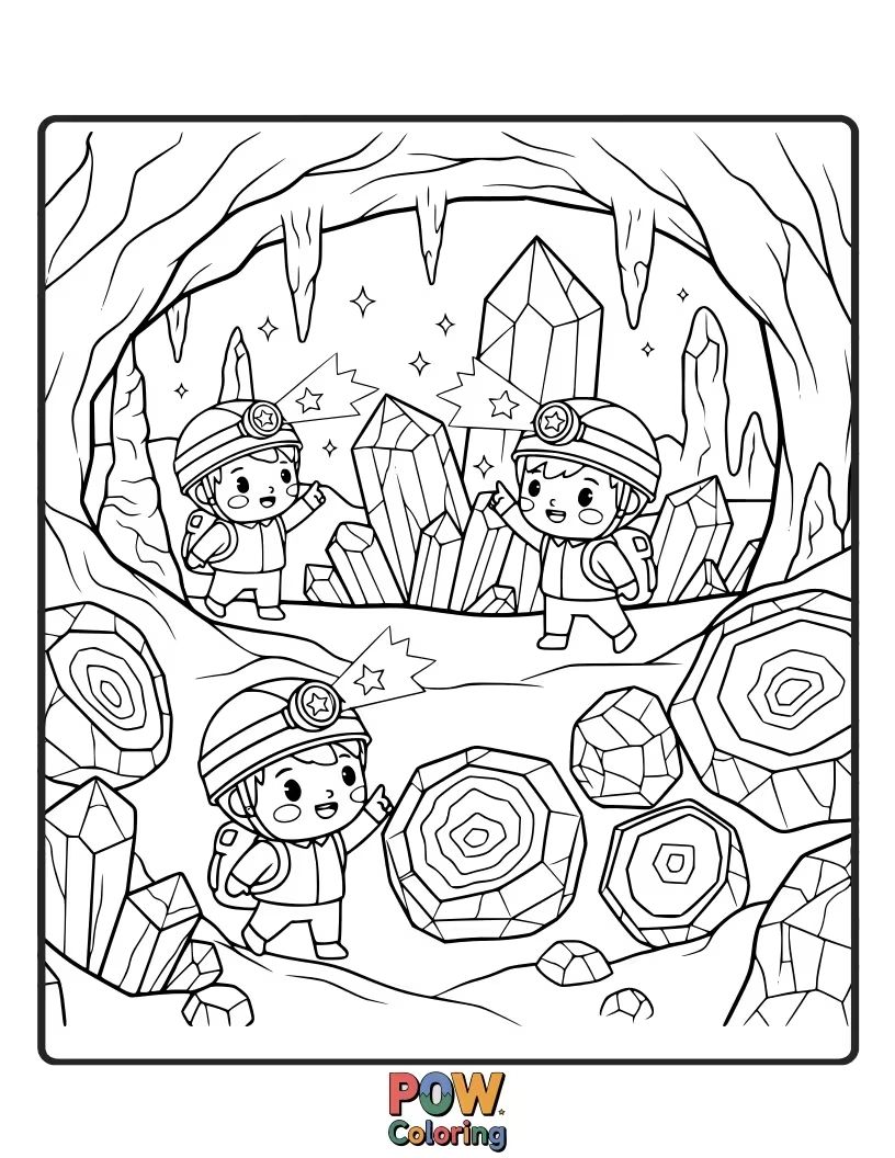 Free coloring page of Tiny adventurers discovering a cave filled with sparkling crystals and friendly, glowing mushrooms.