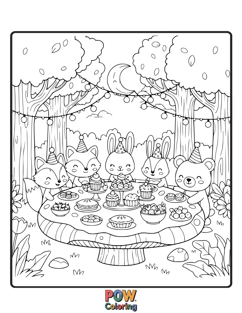Free coloring page of Woodland creatures gathered for a magical feast in an enchanted forest with glowing mushrooms.