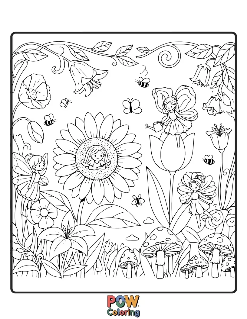 Free coloring page of Delicate flower fairies tending to giant, colorful blossoms in a magical, vibrant garden.