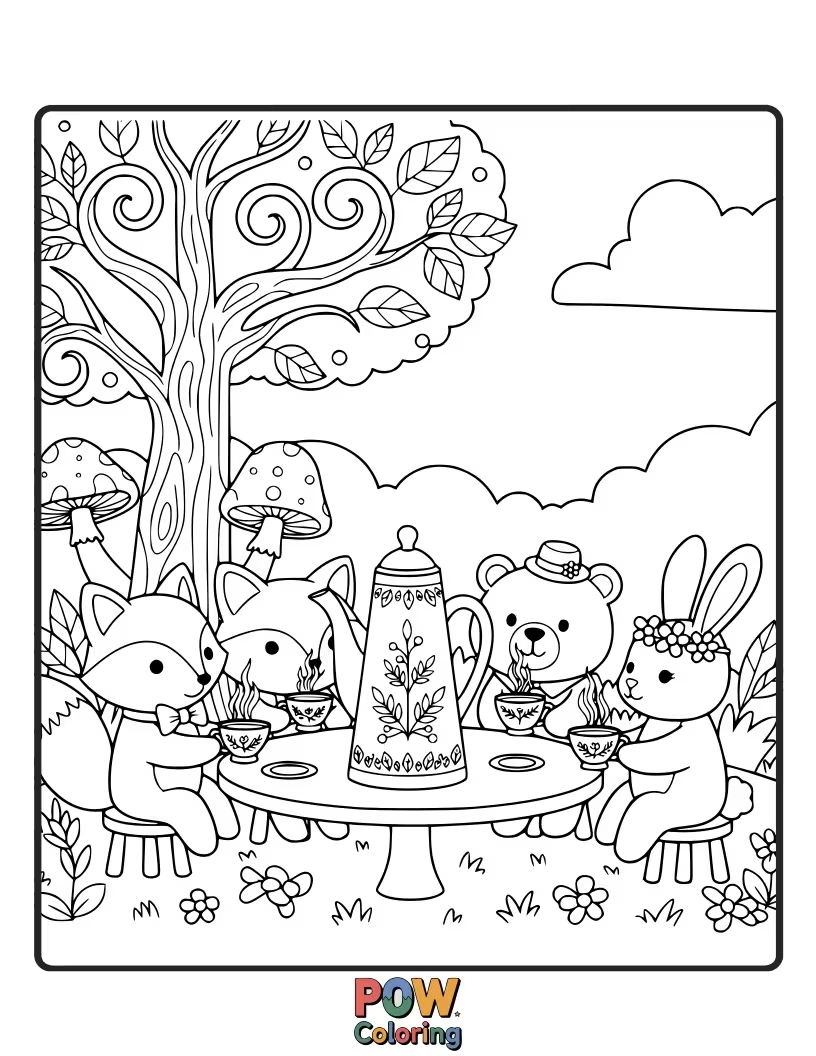 Free coloring page of Charming forest animals enjoying a picnic lunch amidst mushrooms and wildflowers, sharing yummy berries.