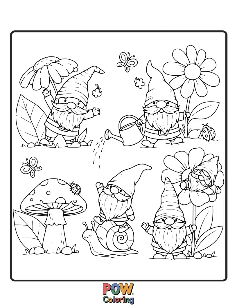 Free coloring page of Mischievous garden gnomes playing with butterflies and watering colorful flowers in a whimsical garden setting.