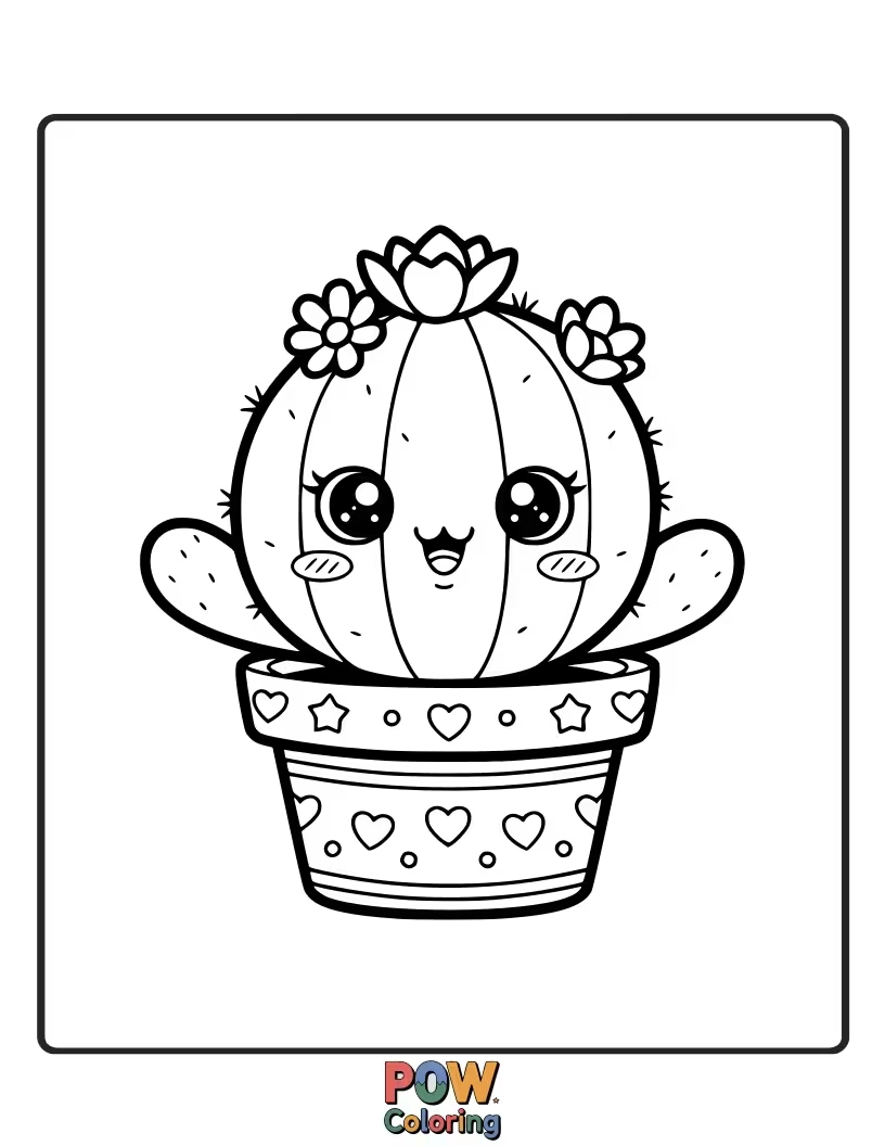 Free coloring page of Charming cacti with smiling faces and little hats, surrounded by tiny flowers and happy ladybugs.