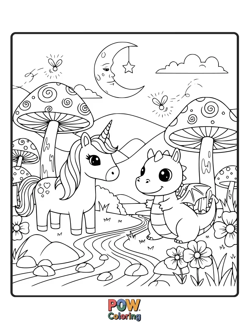 Free coloring page of Enchanting fairies and sprites tending to glowing flowers and friendly, whimsical woodland animals.
