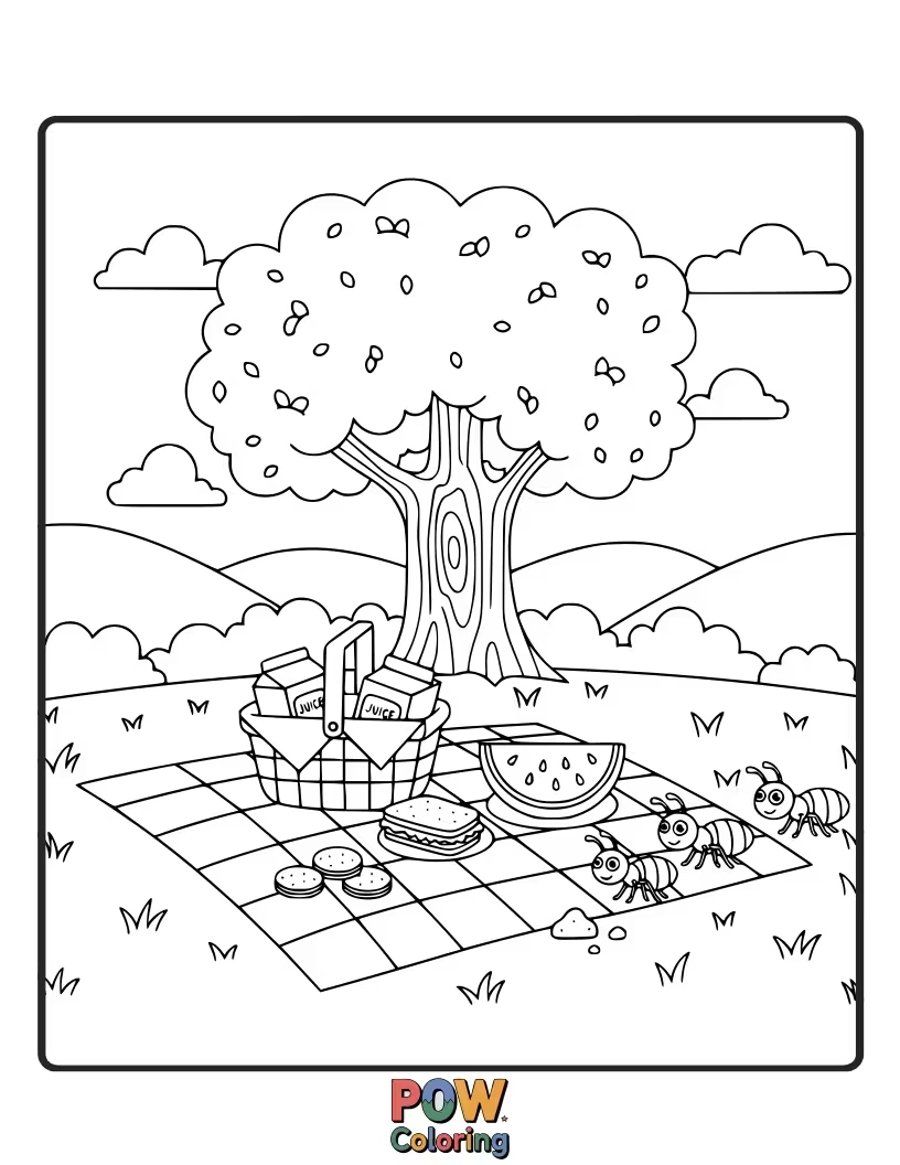 Free coloring page of A cheerful picnic scene with friendly animals sharing sandwiches and fruit under a dappled tree.