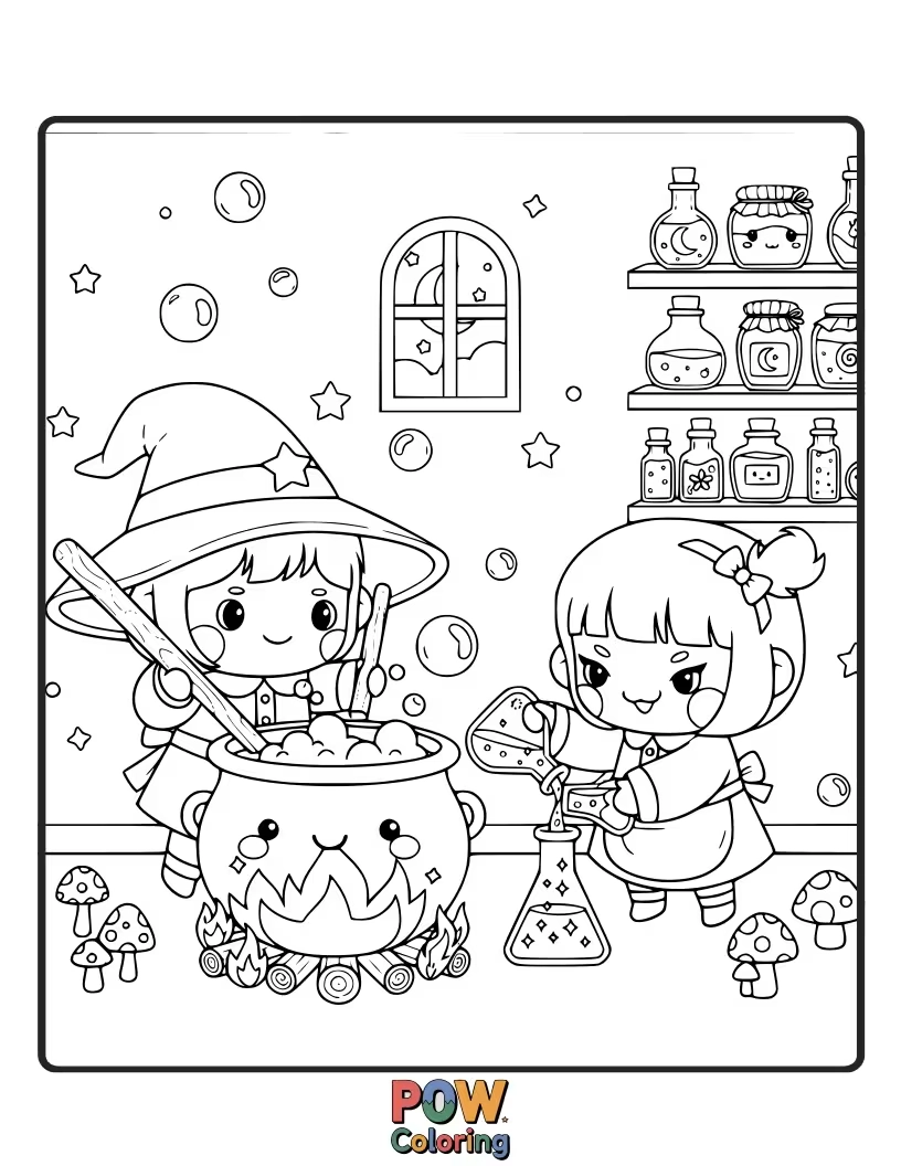 Free coloring page of Little wizards and witches stirring colorful potions in bubbling cauldrons, surrounded by magical ingredients.