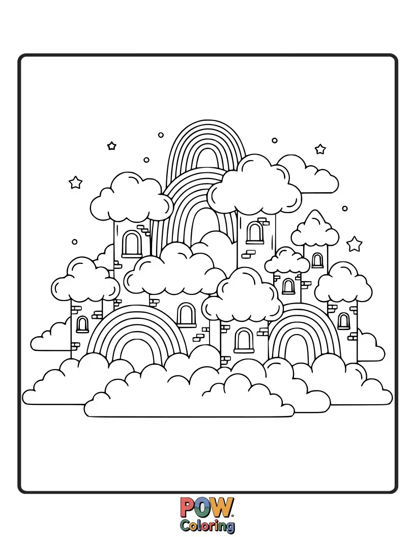 Free coloring page of A magical castle made of rainbows, clouds, and sparkling gemstones, perched in a dreamy sky.