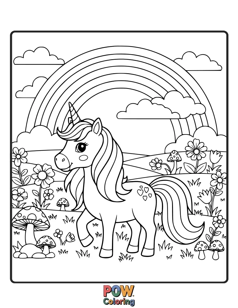 Free coloring page of A magical meadow filled with rainbows, fluffy unicorns, and sparkly flowers for a burst of color.