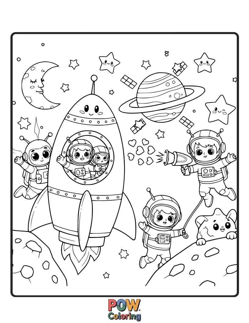 Free coloring page of Tiny astronauts exploring colorful planets and constellations with their cute alien sidekicks. Adventure awaits!