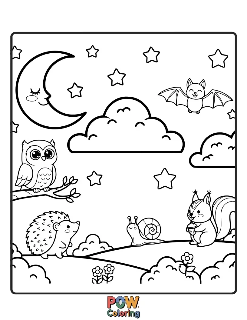 Free coloring page of Sleepy little animals like owls and hedgehogs, nestled amongst twinkling stars and a sleepy moon.