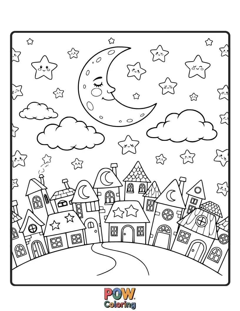 Free coloring page of A charming town asleep under a blanket of stars, with crescent moons and friendly constellations.