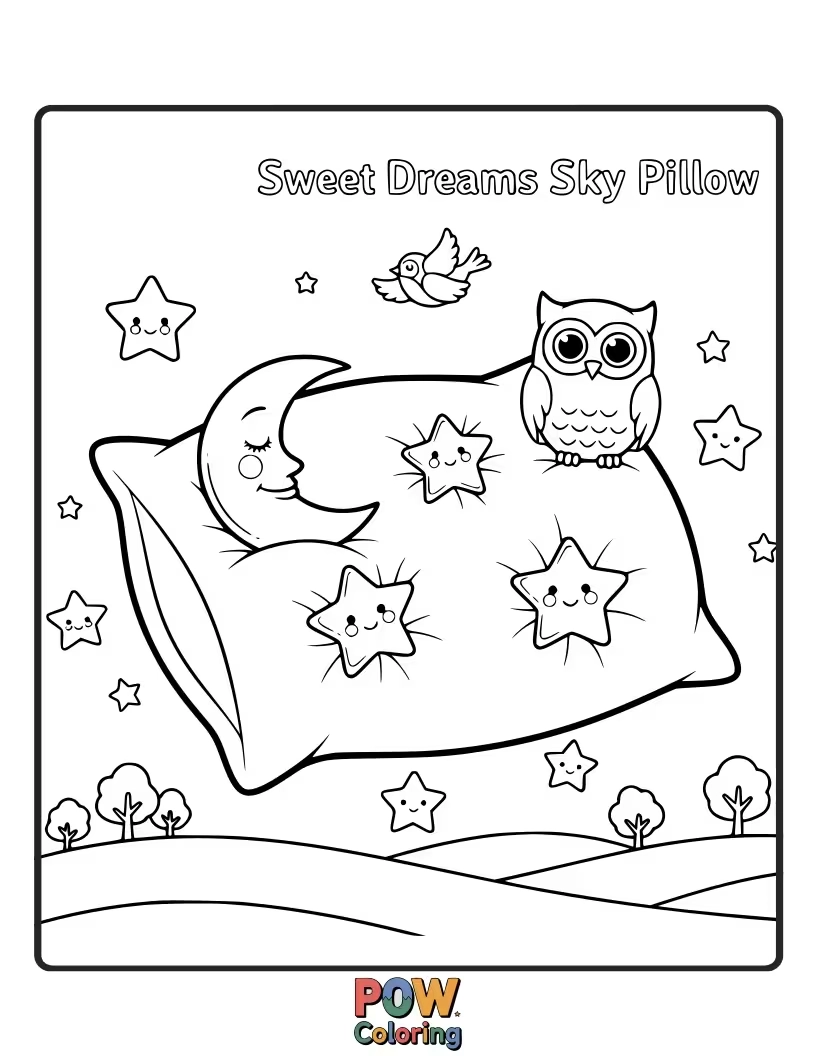 Free coloring page of Owl standing peacefully on giant, fluffy pillows clouds and stars were napping in a serene sky.