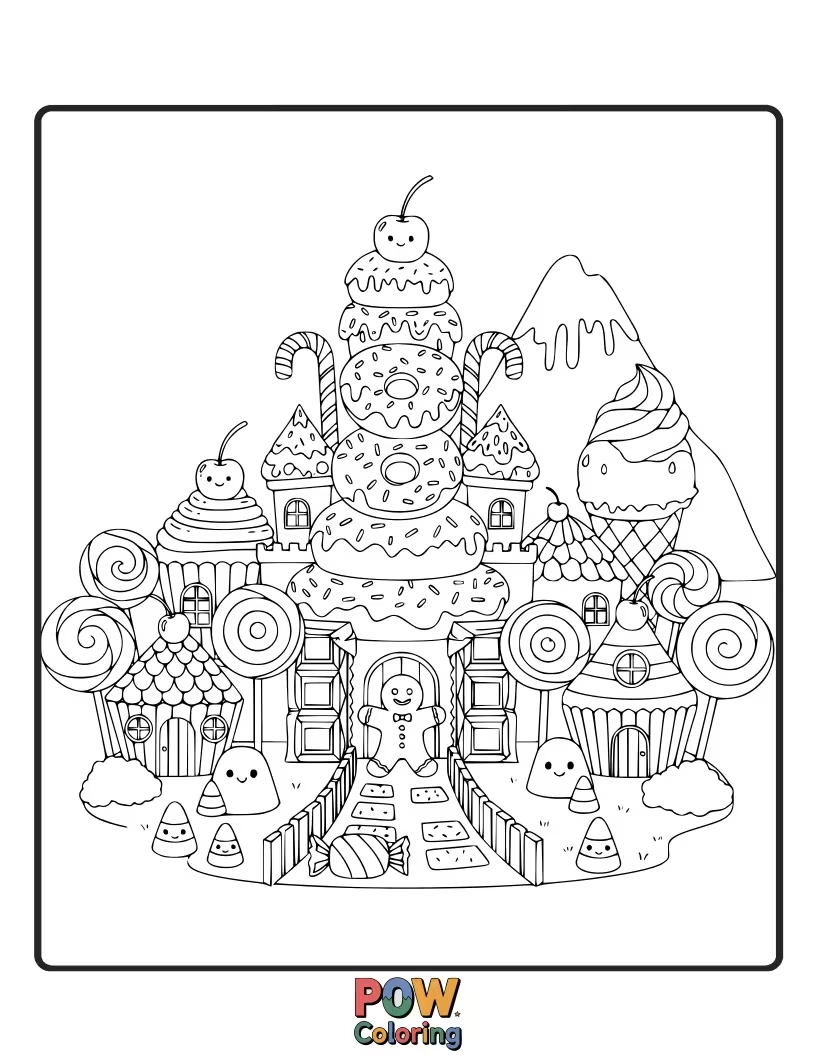 Free coloring page of A kingdom made of delicious treats like cupcakes, candy canes, and gingerbread houses. A sugary fantasy!