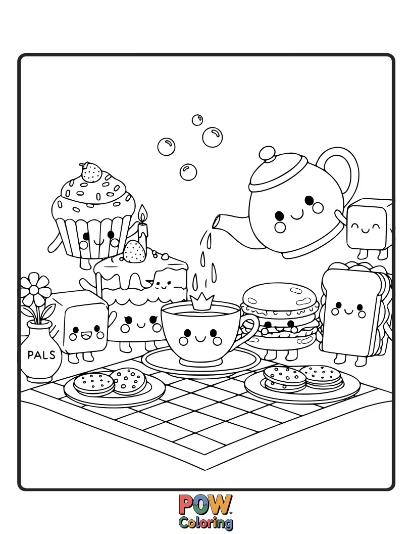 Free coloring page of Adorable teacups, teapots, and tiny pastries gathered for a delightful tea party with friendly woodland creatures.