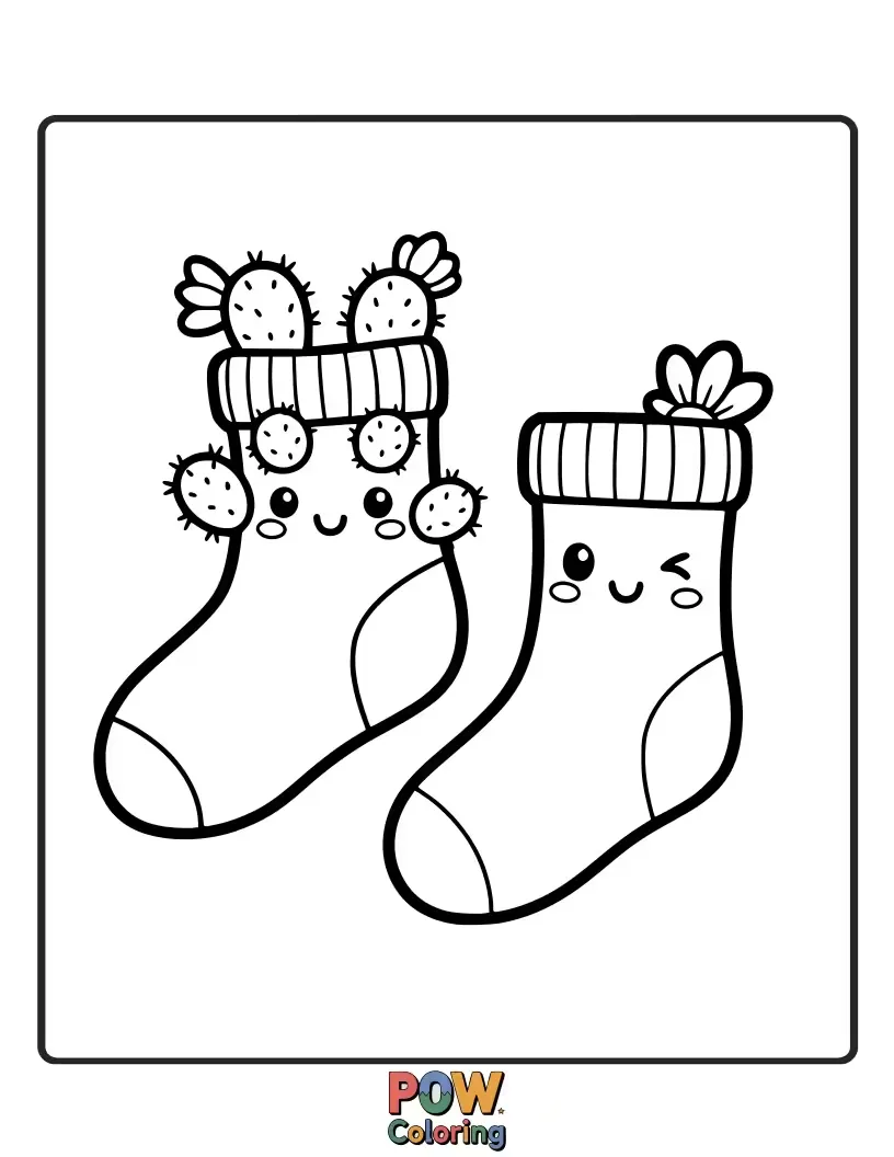 Free coloring page of Add a little prickle of fun! These adorable socks are decorated with smiling cacti and tiny flowers.