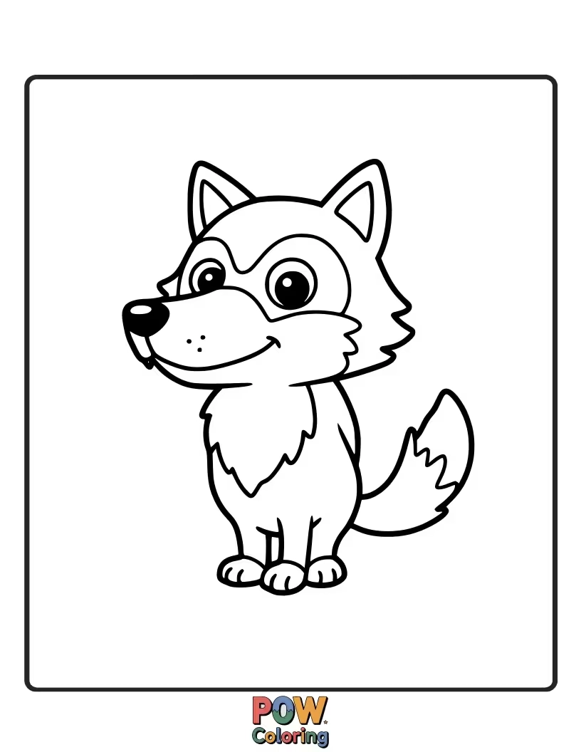 Free coloring page of A friendly and simple cartoon wolf with big eyes and a happy smile, designed for younger artists.