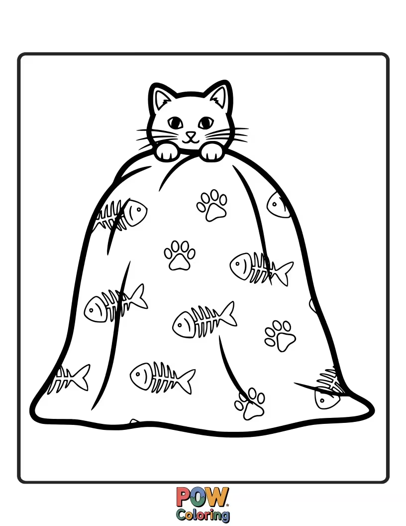 Free coloring page of A purring cat curled up snugly within the folds of a soft, patterned blanket.