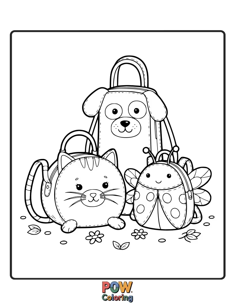 Free coloring page of Adorable bags featuring tiny, cute critters like ladybugs, bees, and butterflies, perfect for nature lovers.