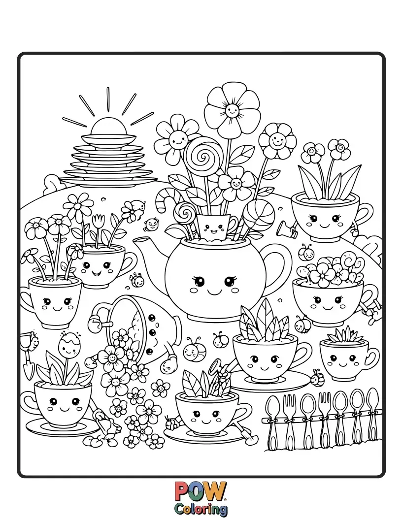 Free coloring page of Precious cups bloom like flowers in a vibrant garden, attracting friendly ladybugs and butterflies. Beautiful and delightful.