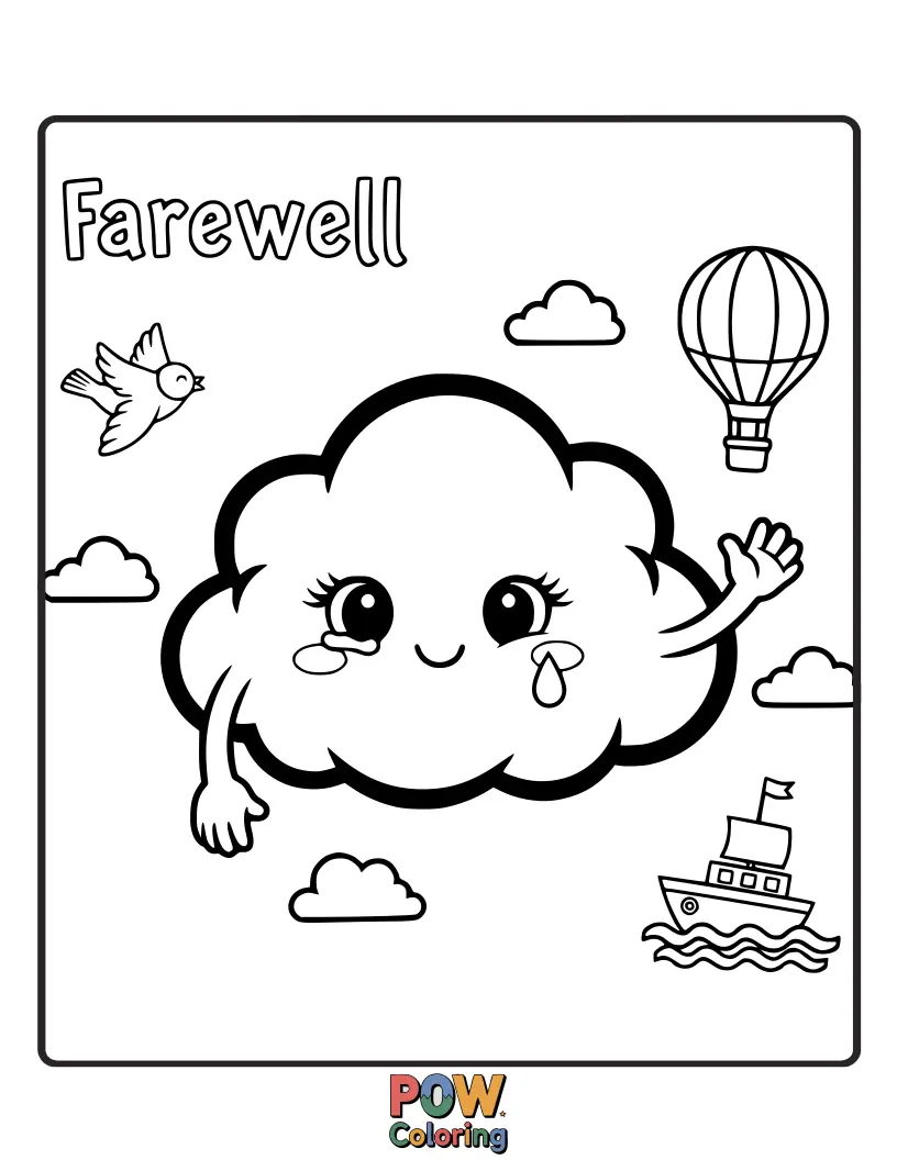 Free coloring page of A round, smiling cloud waving goodbye from the sky, with little raindrops that look like tiny hearts.