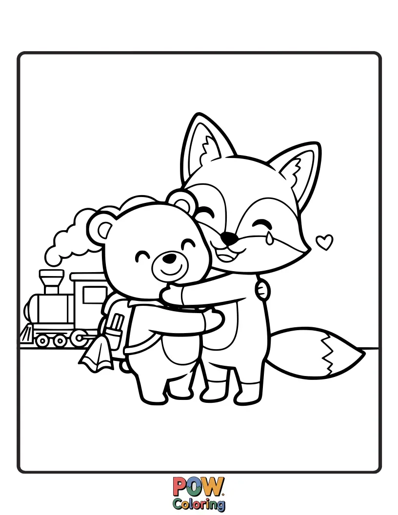 Free coloring page of Two fluffy cartoon monsters giving each other a big, heartfelt hug, with tiny tears of joy and love.
