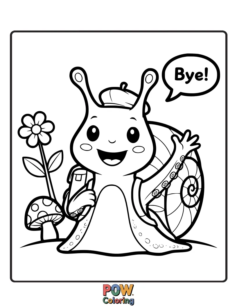 Free coloring page of A slow-moving but cheerful snail with a tiny flag on its shell, waving goodbye as it journeys onward.