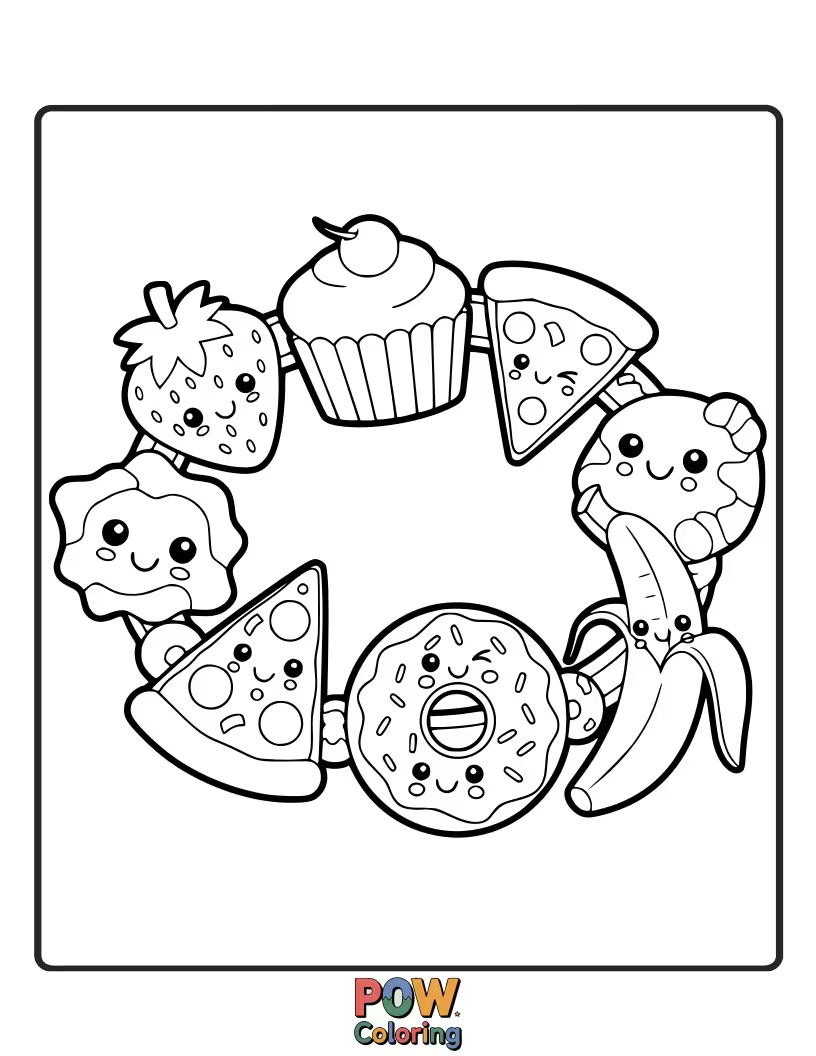 Free coloring page of Adorable tiny fruits and sweets are the charms on this delightful bracelet. Deliciously fun to color.