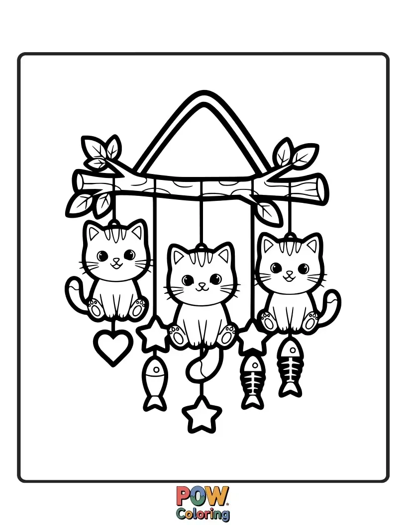 Free coloring page of A playful kitten batting at a set of adorable cat-shaped wind chimes.