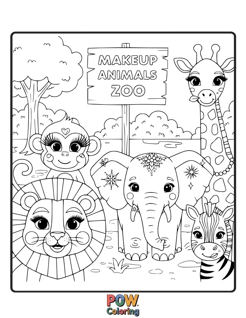 Free coloring page of A variety of adorable animals playfully interacting with oversized makeup products. A wild and wonderful coloring adventure awaits.