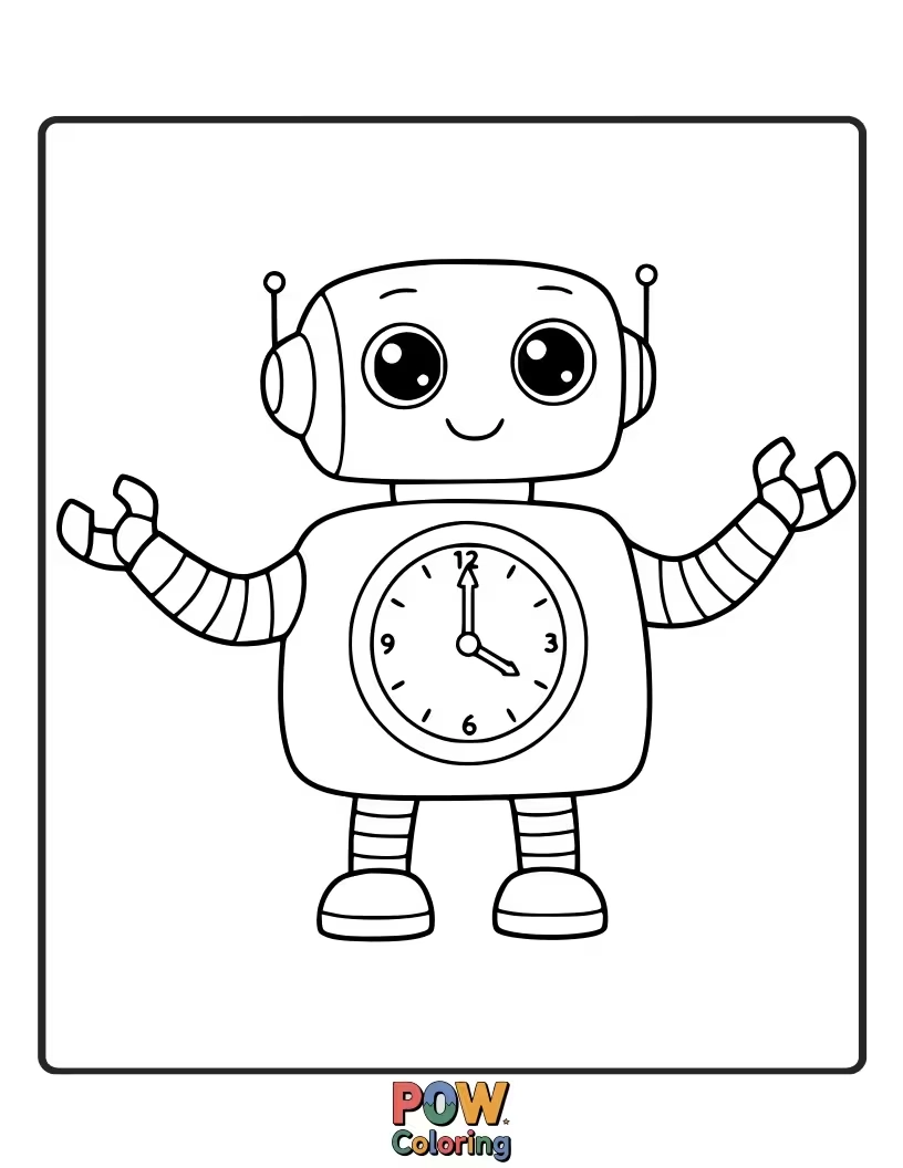 Free coloring page of A charming clock with a more detailed and appealing robot character design.