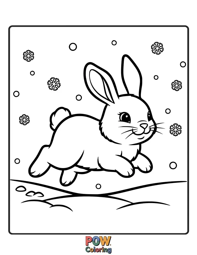 Free coloring page of An energetic bunny with long ears, bounding through fresh snow with a playful expression, ready for color.
