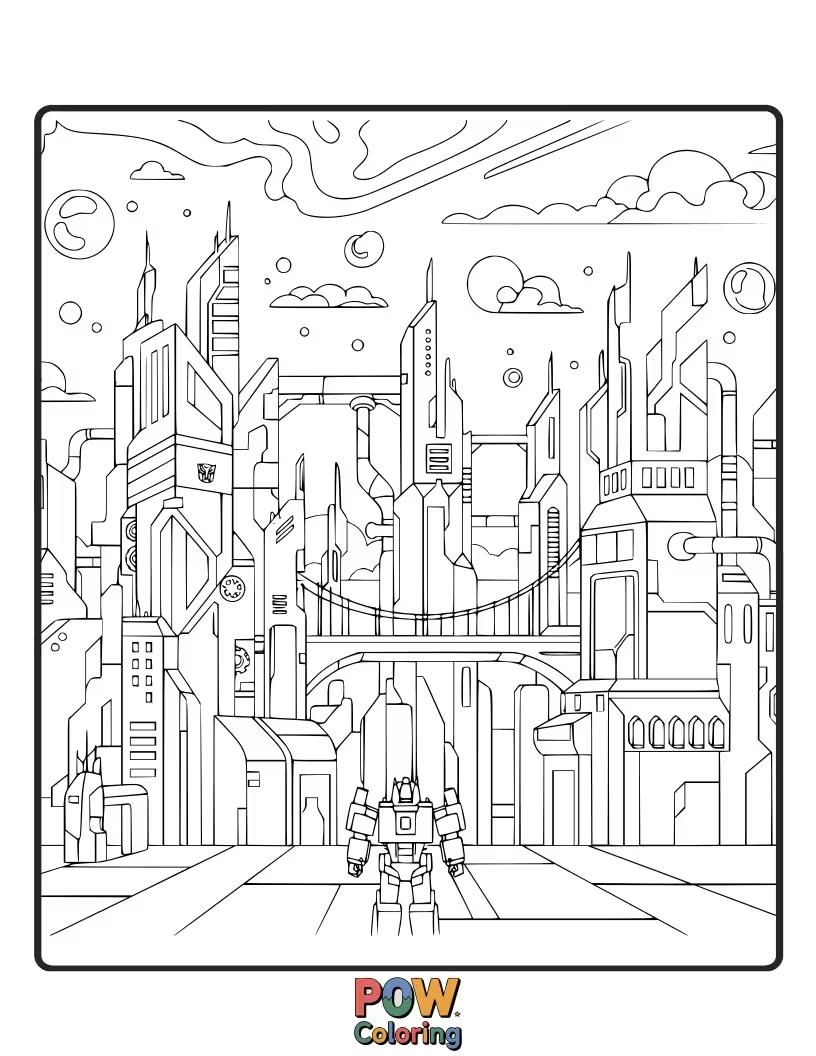 Free coloring page of The alien planet Cybertron, with its unique architecture and glowing energy, a backdrop for Transformer adventures.
