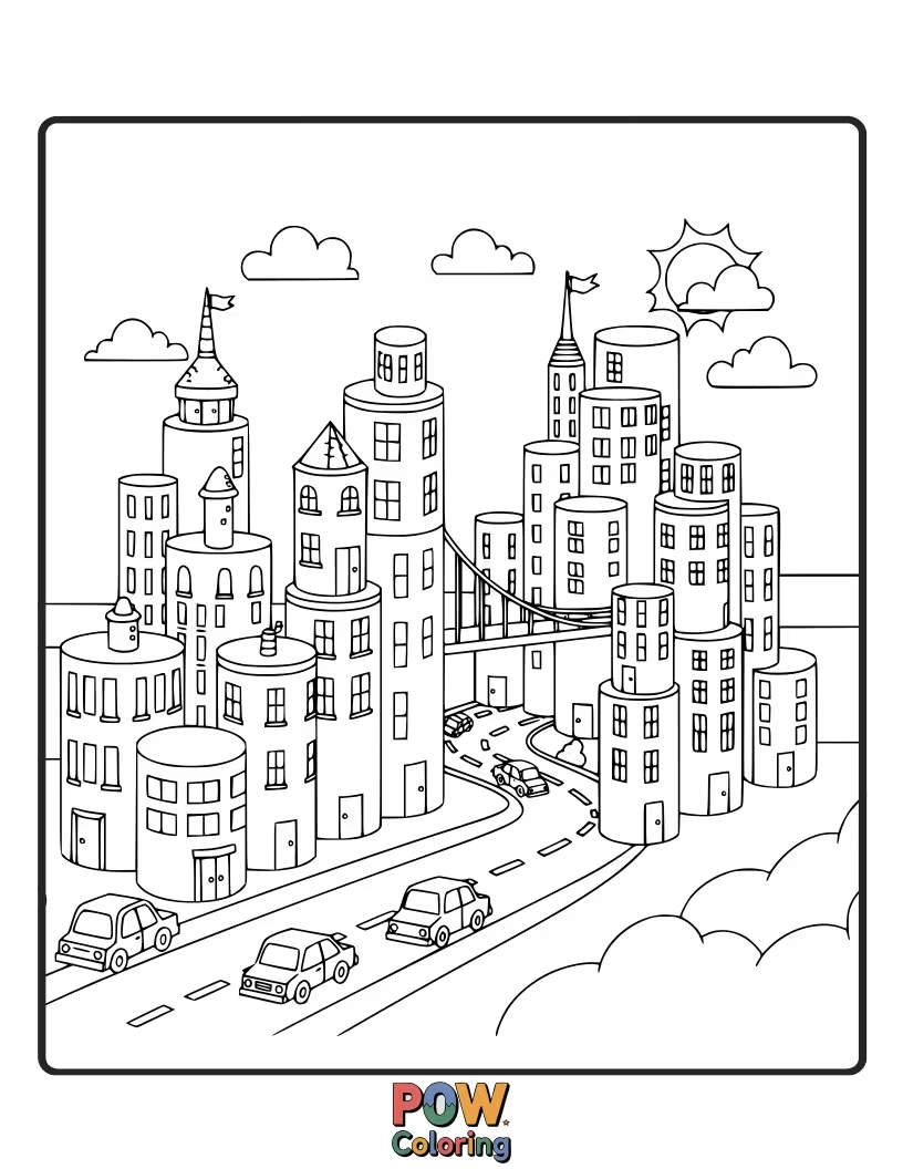 Free coloring page of Color a bustling city skyline constructed from various cylinders, exploring this common 3D geometric shape.